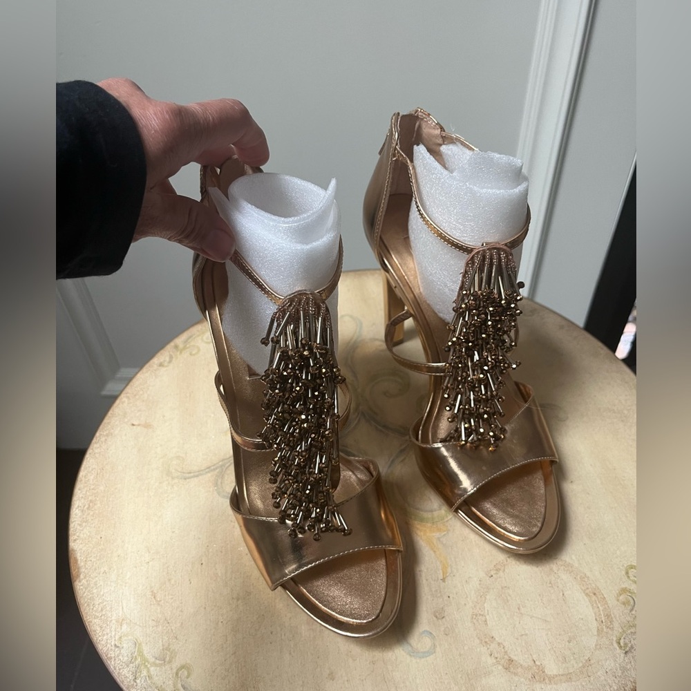 BCBGMaxAzria Metallic Gold Beaded Tassel Heeled Sandals